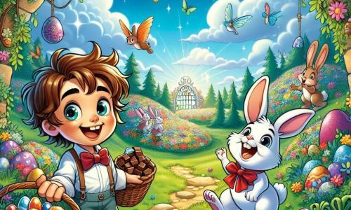 Un garçon de 8 ans, Hugo, avec des cheveux bruns en bataille et des yeux curieux, se tient au centre de l'image, tenant un panier rempli de chocolats et de bonbons. Il sourit, exprimant son excitation. À côté de lui, un grand lapin blanc avec un nœud papillon rouge se tient sur ses pattes arrière, pointant vers une porte cachée dans le sol. En arrière-plan, une clairière enchantée est peuplée de lapins colorés dansant autour de carottes scintillantes, sous un ciel bleu clair avec des nuages blancs. Des fleurs vives et des arbres verdoyants entourent la scène, créant une atmosphère magique. Hugo découvre la cachette secrète de Pâques, émerveillé par les trésors sucrés et les lapins dansants.