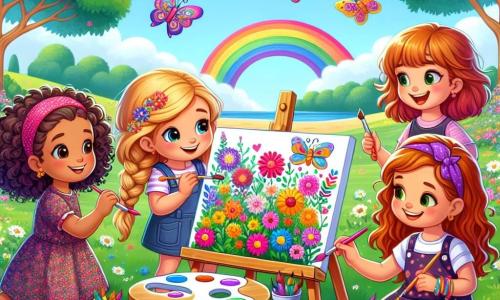 Dans un parc ensoleillé, quatre petites filles, Lila, Zoé, Nina et Emma, se réunissent autour d'une table de peinture. Lila peint un champ de fleurs, Zoé dessine un arc-en-ciel, Nina s'amuse avec un papillon coloré et Emma crée un bateau sur une mer bleue. Le parc est verdoyant avec des arbres majestueux et des fleurs éclatantes. Au loin, des enfants jouent avec des cerfs-volants. Les amies, plongées dans leur activité artistique, rient et partagent des idées, symbolisant l'amitié et la magie des vacances d'été.