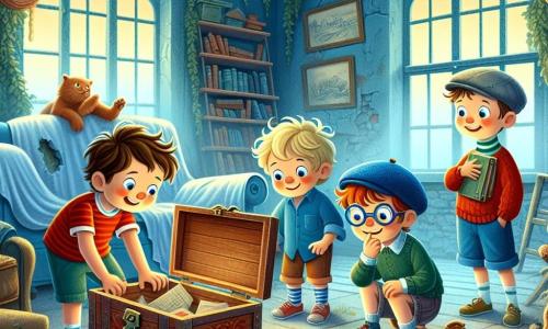 Quatre petits garçons de cinq ans, Pierre, Max, Louis et Tom, se trouvent dans une vieille maison abandonnée. Pierre, avec ses cheveux bruns et son t-shirt rouge, admire une boîte en bois sur une étagère. Max, blond avec une casquette bleue, fouille sous un canapé. Louis, portant des lunettes et un pull vert, feuillette un carnet de dessins, tandis que Tom, en short, montre un trou dans un chêne tordu à l'extérieur. La scène se déroule dans une maison aux murs bleus décolorés, avec des meubles recouverts de draps blancs, créant une ambiance mystérieuse. Les garçons découvrent une boîte remplie de lettres jaunies et de souvenirs, prêts à suivre des indices pour un secret plus grand.