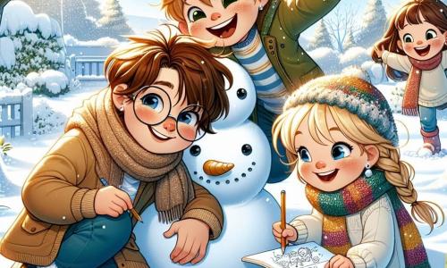 Dans un jardin enneigé, quatre amis s'amusent à créer un bonhomme de neige. Max, 10 ans, roule une grosse boule de neige avec un grand sourire. À côté, Emma, 9 ans, dessine des animaux de la forêt sur un carnet. Léo, 8 ans, lance une boule de neige en riant, prêt pour une bataille amicale. Chloé, 9 ans, tient une écharpe colorée pour le bonhomme de neige qu'ils viennent de construire. Le jardin est recouvert de neige scintillante, avec des arbres chargés de flocons et un ciel bleu clair. Les enfants collaborent joyeusement pour donner vie à leur bonhomme de neige, Bernard, partageant rires et histoires dans ce paysage hivernal enchanteur.