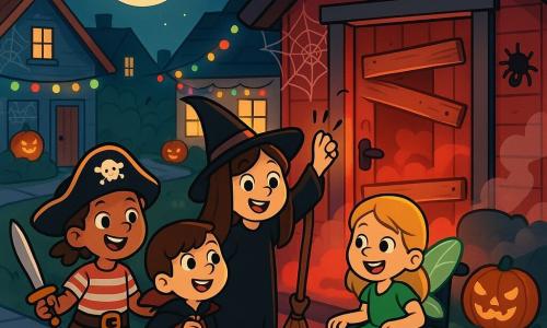Quatre enfants se préparent pour Halloween : Clémentine, 7 ans, en sorcière avec un balai, souriante au centre ; Élodie, 8 ans, assise dans un fauteuil roulant décoré, en fée des bois, souriante ; Zoé, 7 ans, en pirate avec un faux sabre, prête à l'aventure à gauche de Clémentine ; Léa, 7 ans, en vampire avec une cape, souriante à droite de Clémentine. L'action se déroule dans une rue animée décorée pour Halloween, avec des maisons ornées de citrouilles et de lumières. Les amies frappent à la porte d'une maison effrayante pour résoudre une énigme et obtenir des bonbons, affichant excitation et courage.