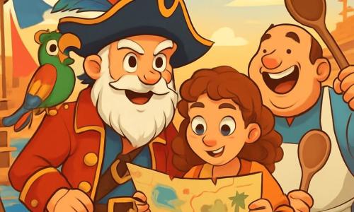 Le Capitaine Barbe-Joyeuse, un homme âgé avec une longue barbe blanche et un chapeau de pirate orné de plumes, se tient sur le pont d'un vieux navire en bois, déterminé et souriant. À ses côtés, Zoé la Rusée, une jeune femme aux cheveux bouclés, examine une carte au trésor avec enthousiasme. Fricassée, un homme costaud en tablier de cuisine, rit en tenant une grande cuillère, tandis que Pépito, le perroquet coloré, se perche sur l'épaule du Capitaine. Le port est animé, avec des voiles flottant, des tonneaux empilés et des mouettes volant. La mer scintille sous le soleil couchant, créant une ambiance chaleureuse. Le Capitaine et son équipage se préparent à lever l'ancre pour partir à la recherche de justice et d'un trésor volé, avec une carte pleine de mystères.