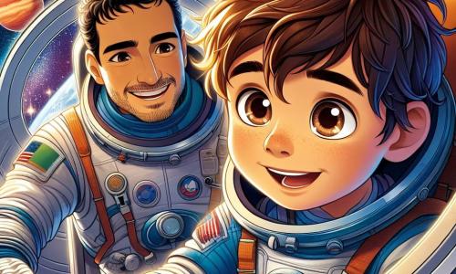 Un jeune garçon nommé Léo, âgé d'environ 10 ans, avec des cheveux bruns en bataille et des yeux pétillants de curiosité, flotte à l'intérieur d'une capsule spatiale argentée. Il porte une combinaison spatiale bleue un peu grande pour lui, et son visage exprime une immense joie face à l'inconnu. À ses côtés, l'astronaute Adrien, un homme d'une trentaine d'années, sourit chaleureusement. La capsule est entourée d'un panorama époustouflant de l'espace, avec des étoiles scintillantes et des planètes colorées, notamment Mars et Jupiter. Léo et Adrien naviguent à travers l'espace, émerveillés par la beauté des constellations et partagent des histoires sur l'univers et les aventures d'astronautes.