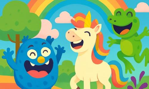 Un petit monstre bleu nommé Patachon, avec trois yeux pétillants et un nez en trompette, éclate de rire en faisant des grimaces. À côté de lui, Lili, une licorne arc-en-ciel, brille avec sa crinière colorée et se tient en riant. Gribouille, une grenouille géante en mousse, saute joyeusement, éclaboussant des flaques de jus de cassis. La scène se déroule dans la Vallée des Chamallows Arc-en-ciel, avec des arbres en guimauve et un sol recouvert de gelée multicolore. Patachon, Lili et Gribouille s'amusent ensemble, créant une ambiance joyeuse et festive.