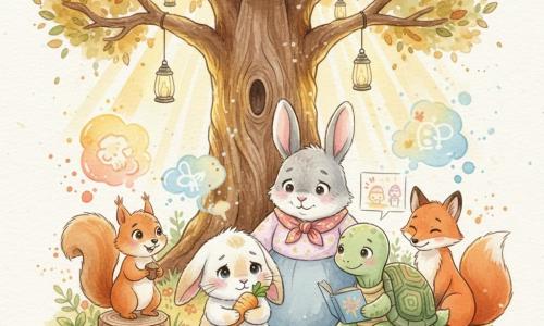 Un petit lapin blanc nommé Biscuit, taches crème, yeux brillants, serre une carotte dorée contre sa poitrine, visage triste mais apaisé; Mémé Câline, vieille lapine grise au foulard fleuri, le console en posant la main sur son épaule; Grignote l’écureuil roux sur une souche à gauche tient une noisette et écoute; Lili la tortue verte, carapace aux motifs pastel, assise sur une pierre à droite, tient un carnet de dessins; d’autres animaux (hibou, renarde) forment un cercle d’amis; lieu : clairière baignée de lumière dorée autour d’un grand chêne, tapis de feuilles et fleurs aquarellées, lanternes suspendues; scène : cérémonie de souvenirs où les animaux partagent dessins et histoires, ambiance douce et solennelle, palette chaude avec touches de bleu mélancolique, rendu aquarelle.