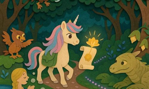 Une jeune licorne féminine au regard doux, crinière irisée rose et bleue, sabots nacrés et sacoche en velours vert trottine en tenant un parchemin lumineux ; à gauche, un petit griffon rousselé perché sur une pierre moussu indique le chemin ; une sirène blonde aux tresses, assise près d’un ruisseau de verre, chante et forme un pont de bulles ; un vieux dragon sableux, sage, repose près d’un bosquet de lampes-fleurs et la regarde bienveillant ; une harpie malicieuse tisse une écharpe de nuage au-dessus du sentier et observe le parchemin. La scène se déroule dans la forêt des Brillants — troncs torsadés, feuilles scintillantes, guirlandes de fleurs bleues chantantes et lucioles-lavande formant une voie lumineuse — tandis que la licorne avance sur un sentier pavé de pétales, le parchemin s’illumine et un petit sceau doré s’ouvre en une fleur de lumière.