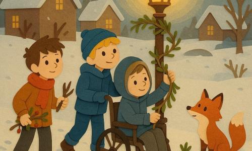 Dans une clairière enneigée du village, cinq protagonistes décorent un ancien lampadaire doré : Hugo, ~11 ans, écharpe rouge, tend une branche décorée ; Maxime, ~10 ans, manteau vert, tient un sécateur et une carte ; Théo, ~11 ans, bonnet bleu, pousse le fauteuil et ramasse des pommes de pin ; Arthur, ~10 ans en fauteuil roulant, accroche une guirlande ; et un petit renard roux observe comme pour guider la scène, sous la lumière chaude du lampadaire éclairant la neige et les maisons alentours.