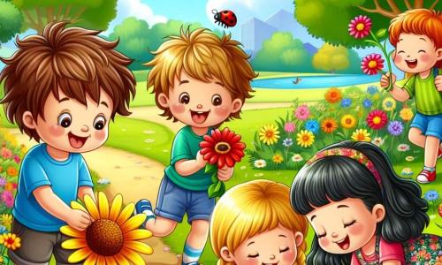 Dans un parc ensoleillé, quatre enfants jouent ensemble. Léo, 8 ans, court vers une grande fleur jaune. Mia, 7 ans, s'accroupit pour sentir une fleur rouge. Tom, 8 ans, observe une coccinelle sur une feuille, émerveillé. Chloé, 7 ans, dessine sur un carnet assise sur l'herbe, entourée de crayons colorés. Le parc est rempli de fleurs multicolores et d'arbres, avec un petit étang où sautent des grenouilles. Les enfants s'amusent à explorer les couleurs du printemps, riant et partageant leur joie.