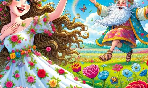 Lila, une femme aux longs cheveux châtain clair, danse joyeusement dans son jardin fleuri, vêtue d'une robe colorée à motifs floraux. À ses côtés, Goli, un dieu barbu assis sur un trône de bonbons, sourit malicieusement. Nila, la déesse des saisons, flotte légèrement, entourée de fleurs colorées. Zizi, un jeune homme aux ailes de papillon, fait des grimaces en riant. Le jardin enchanteur, rempli de roses, tulipes et marguerites, sous un ciel bleu et nuageux, crée une atmosphère magique. Lila récolte des rires d'enfants du village qui dansent autour d'elle, apportant joie et bonheur.
