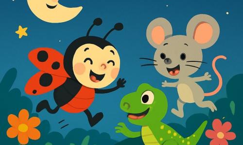 Lili, une coccinelle aux ailes rouges à pois noirs, vole joyeusement. À ses côtés, Léon le lézard, vert et scintillant, est prêt à s'élancer, avec un grand sourire. Zoé la souris, grise et aux grandes oreilles, saute avec enthousiasme juste derrière. Ils se trouvent dans un jardin nocturne illuminé par la lune, avec des fleurs colorées. La scène principale montre Lili, Léon et Zoé en pleine course, riant et s'amusant, entourés de boue, créant une ambiance joyeuse.