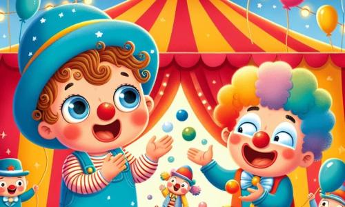 Léo, un petit garçon de 2 ans aux cheveux bouclés et joues roses, porte un chapeau bleu et des chaussures rouges qui font pouet-pouet. Émerveillé, il applaudit avec enthousiasme. À ses côtés, un clown joyeux au nez rouge et aux cheveux multicolores jongle avec des balles colorées. En arrière-plan, une tente de cirque rayée rouge et jaune se dresse sous un ciel bleu, entourée de lumières scintillantes et de ballons. Léo est au cœur de l'excitation du cirque, riant et applaudissant devant le clown.