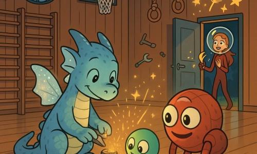Un petit dragon bleu au visage doux est assis au centre, tenant un morceau de métal qu’il pose sur un boulon rouillé ; à ses côtés roule Pof, une bille lumineuse verte aux yeux malicieux qui souffle de la poussière dorée sur la réparation ; devant lui, Zik, un petit extraterrestre rond et rouge à trois yeux et carapace cabossée, incline son corps en signe de gratitude ; dans l’embrasure d’une porte ouverte, Nima, silhouette élancée au casque transparent et cheveux flottants, tient une plume rieuse et regarde émerveillée ; la scène se déroule dans un grand gymnase en bois aux larges fenêtres laissant entrer la lune argentée, avec des instruments flottants et images lumineuses formant étoiles et poissons, ambiance chaleureuse, calme et magique aux couleurs douces et éclairages de lune argentée et poussière dorée.