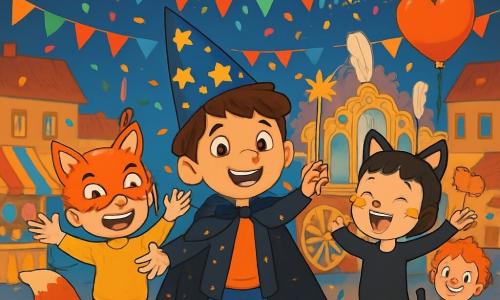 Quatre enfants sont présents : Léo, un garçon de 9 ans avec des cheveux bruns en bataille, un grand chapeau pointu décoré d’étoiles dorées, une cape noire scintillante et une baguette magique, se tient au centre, souriant les bras ouverts. Tom, également âgé de 9 ans, a des cheveux blonds, un masque de renard et des oreilles en feutre, il est à gauche de Léo, riant et levant les bras. Clara, 8 ans, déguisée en chat avec des oreilles en feutre et un costume noir, est à droite de Léo, en train de sauter joyeusement. Jules, 9 ans, en clown triste avec un nez rouge et un costume coloré, se tient derrière Clara, souriant timidement avec un ballon en forme de cœur. L'action se déroule sur une grande place du village, décorée de guirlandes et de fanions, avec des stands de bonbons et des jeux en arrière-plan, un char scintillant au centre, entouré de confettis. Les enfants dansent et rient, illuminés par des feux d'artifice, leurs visages rayonnant de joie, capturant l'esprit festif du carnaval.