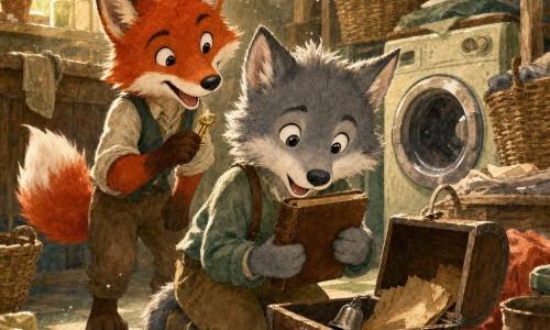 Léo, petit loup anthropomorphe au pelage gris et touches blanches, yeux ronds émerveillés, est accroupi devant un coffre en bois entrouvert en tenant contre sa poitrine un carnet en cuir brun, tandis que Félix, renard roux au sourire malicieux, se tient légèrement derrière à gauche en brandissant une petite clé dorée et regardant le carnet; la buanderie chaleureuse et encombrée, avec étagères en bois, paniers en osier, une vieille machine à laver ronde et carrelage en damier vert pâle, baigne dans une lumière jaune douce et poussiéreuse; du coffre émergent des feuilles jaunies et une petite cloche argentée, la poussière flottante et la palette aquarelle douce (ocres, verts tendres, roux lumineux, gris ardoise) renforcent l'ambiance intime et complice de découverte.