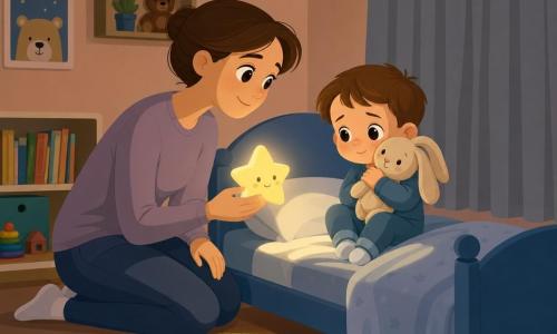 Garçon de 2 ans, timide mais rassuré, visage rond, cheveux châtain courts, grands yeux brillants, serrant contre sa joue un doudou lapin beige en tissu pelucheux aux longues oreilles, assis sur un petit lit bleu; la maman (environ 30 ans) au visage doux, cheveux bruns en chignon, sourire calme, se penche à gauche du lit en tenant dans la main droite une veilleuse étoile jaune qui projette un cercle lumineux doux sur le lit et des ombres très douces; chambre petite et cosy, murs pêche clair, rideaux gris fermés, tapis rond vert, étagère basse avec quelques livres colorés et une petite voiture rouge au sol; situation nocturne de réconfort, atmosphère calme, tendre et sûre; style graphique : formes simples, couleurs plates et contrastées, contours doux, expressions exagérées et lisibles pour un enfant de 2 ans.
