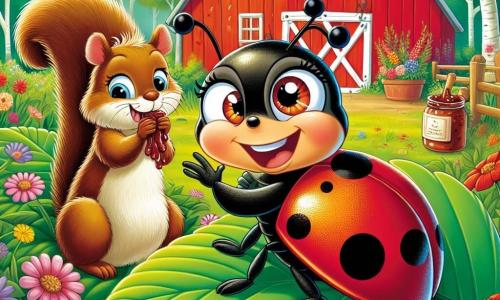 Une coccinelle nommée Lili, avec des ailes rouges et des taches noires, est curieuse et souriante, perchée sur une feuille verte, prête à résoudre le mystère d'un pot de confiture disparu. À côté d'elle, un écureuil aux poils bruns lèche des restes de confiture sur ses pattes, affichant une expression coupable mais joyeuse. En arrière-plan, une grange rouge entourée de fleurs et d'arbres crée une ambiance chaleureuse. La scène montre Lili et l'écureuil découvrant le pot de confiture, avec des éclats de rire et des éclaboussures de confiture, ajoutant une touche de magie à leur aventure.