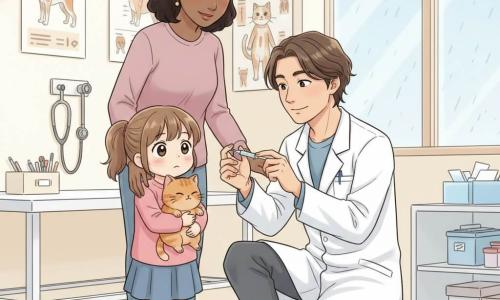 Vétérinaire souriant d'une trentaine d'années, cheveux bruns en mèches, en blouse blanche et baskets bleues, accroupi et tenant une petite seringue avec gestes calmes ; Mila, 6 ans, couette châtain clair, tient le petit chat roux « Caramel » contre sa poitrine, yeux inquiets mais rassurés ; la mère debout derrière, main sur l'épaule, visage bienveillant ; salle de consultation lumineuse aux murs crème, table d'examen blanche et instruments rangés ; ambiance chaleureuse et sécurisante, gestes lents, style graphique manga doux aux couleurs pastel et lumière douce d'une fenêtre pluvieuse.