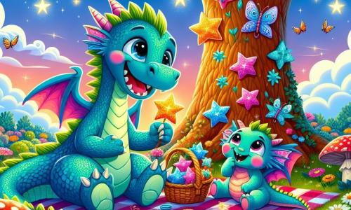 Plume, un petit dragon aux écailles turquoise et aux joues roses, est assis sur une nappe à carreaux sous un grand chêne, tenant un panier de gâteaux étoilés, entouré de fleurs en forme d’étoile. À ses côtés, Papa dragon, un grand dragon aux écailles vertes, sourit tendrement en portant des pantoufles rayées rouges. Ils sont dans un jardin enchanteur, rempli de fleurs colorées et de papillons, partageant un pique-nique magique sous le soleil couchant.