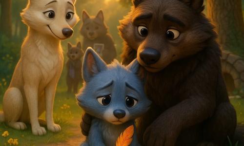 Loupi, petit louveteau au pelage gris-bleu doux et regard mélancolique mais serein, assis et tenant délicatement une plume orange ; Papa Loup, grand et robuste au pelage brun foncé, accroupi derrière lui avec une patte sur son épaule ; Maman Louve, élancée au pelage crème, sourit faiblement les yeux humides à gauche ; en arrière-plan, silhouettes familiales floues tenant quelques objets (foulard, photo) affichant tristesse apaisée ; lieu : clairière au bord d’une forêt, herbe et fleurs sauvages, grand chêne à droite et tanière en pierre et bois derrière, lumière dorée du coucher de soleil et longues ombres ; situation : moment de partage après un départ, Loupi montre la plume posée sur une petite pile de souvenirs près d’une écorce avec un cœur, atmosphère chaleureuse, style film d’animation 3D aux couleurs saturées et textures pelucheuses, composition centrée sur Loupi et la plume.