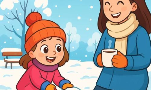 Une petite fille de 4 ans, Léa, joue dans la neige. Elle porte un manteau rose vif, un bonnet à pompon et des gants colorés. Ses joues sont rosies par le froid et elle semble joyeuse. À côté d'elle, sa maman, d'environ 30 ans, observe sa fille en riant, vêtue d'un manteau bleu et tenant une tasse de chocolat chaud. Le parc hivernal est rempli d'arbres couverts de neige et de flocons tombant du ciel bleu clair. Léa construit une boule de neige, riant et s'amusant, tandis que sa maman l'encourage.