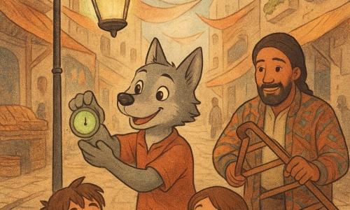 Léo, petit loup anthropomorphe gris clair aux yeux noisette, souriant et courageux, place un petit minuteur rond à lueur verte sur un lampadaire vacillant; Mira, chercheuse d'âge moyen aux cheveux tressés, observe sereinement la scène la main sur une table en bois; Kadu, grand vendeur de tissus barbu en veste colorée, tend une échelle vers le lampadaire; deux enfants rieurs tenant des jouets en bois s'accroupissent au pied de Léo. Le marché urbain d'une cité futuriste du désert, avec allées pavées, étals patinés, murs pâles, jardins suspendus et voiles flottantes, voit la brise onduler les voiles tandis que le minuteur stabilise l'éclairage; ambiance en couleurs chaudes pastel, textures papier, grain léger et lumière douce.
