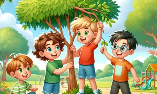 Dans un parc ensoleillé, quatre garçons de 10 ans, Lucas, Tom, Max et Sam, se regroupent pour construire une cabane avec des branches et des feuilles. Lucas, aux cheveux bruns et bouclés, sourit avec un t-shirt rouge et un short bleu. Tom, blond et pétillant, rit avec un t-shirt vert et un pantalon beige. Max, châtain et portant des lunettes, est concentré en t-shirt orange et short noir. Sam, aux cheveux noirs et lisses, est excité avec un t-shirt bleu clair et un short rouge. Le parc est verdoyant, avec des fleurs colorées et un ciel bleu clair. Les garçons s'amusent, illustrant l'importance de jouer dehors et de profiter de leur amitié.