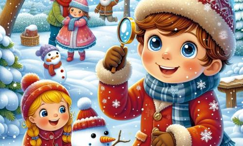 Thomas, un garçon de 9 ans aux cheveux châtains et aux yeux curieux, est accroupi dans la neige avec une loupe pour observer des flocons. Il porte un manteau rouge, un bonnet en laine et des gants bleus, souriant émerveillé. À ses côtés, sa sœur Emma, 6 ans, avec des cheveux blonds en tresses, construit un bonhomme de neige en ajoutant une carotte pour le nez. En arrière-plan, leur père souriant, avec une barbe brune, les observe en riant, prêt à lancer une boule de neige. La scène se déroule dans un jardin enneigé, avec des arbres recouverts de givre et un sol blanc, créant une atmosphère magique. Thomas et Emma découvrent les merveilles de l'hiver, encouragés par leur père.