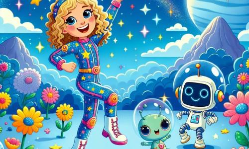 Au centre de l'image, Stella, une jeune femme aux cheveux blonds et bouclés, porte une combinaison spatiale colorée avec des motifs d'étoiles et sourit joyeusement en dansant avec ses amis. À sa droite, Bipo, un robot amical, danse avec des mouvements joyeux. À gauche, Zizi, un petit alien vert, saute de joie. Le décor est une planète bleue avec des fleurs multicolores, sous un ciel étoilé. La scène montre Stella, Bipo et Zizi célébrant leur amitié et leur aventure, entourés de nouveaux amis extraterrestres.