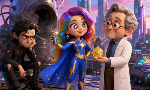 Super Lulu, souriante et résolue, cheveux arc-en-ciel et cape bleue, a désactivé un boîtier étincelant sur le toit d’un laboratoire high-tech ; à sa droite, le bienveillant Dr. Ordo, lunettes et blouse blanche, tient une médaille en signe de gratitude, et à gauche, le Dr. Obscur, silhouette maigre en costume sombre déchiré, assis près d’une console brisée avec de la fumée noire ; la machine cylindrique fume et clignote, la scène lumineuse et colorée évoque un style jouet 3D rond et mignon, la ville de verre apparaît au loin sous un ciel crépusculaire.
