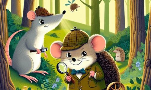 Un rat nommé Rémi, avec un pelage gris et des yeux curieux, porte un chapeau de détective et tient une loupe, cherchant des indices sur son fromage disparu. À ses côtés, Tino le hérisson, souriant et assis sur une roue en bois, est prêt à montrer sa machine à fromage volant. La scène se déroule dans la forêt enchantée de Fromagère, entourée de grands arbres et de fleurs colorées, avec des rayons de soleil créant une ambiance joyeuse. Rémi et Tino, au pied d'un grand chêne, sont entourés de l'odeur du fromage, observés par des animaux curieux.