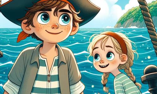 Thomas, un garçon de dix ans, se tient sur le pont de son bateau pirate, le "Joyeux Lutin". Il a des cheveux bruns en bataille, des yeux déterminés et porte un chapeau de pirate trop grand. À ses côtés, Emma, neuf ans, avec des cheveux blonds tressés et un sourire, tient une carte au trésor. Louis, dix ans, porte des lunettes et observe l'eau avec curiosité. Ils naviguent sur un océan bleu parsemé d'îles verdoyantes, sous un ciel clair avec quelques nuages. Ils sont en pleine aventure, prêts à chercher un trésor légendaire.