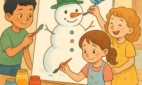 Léna, 8 ans, visage légèrement rougi et sourire timide, tient un pinceau et commence à dessiner un bonhomme de neige sur une grande affiche blanche tandis que ses amis l'aident : Mehdi, 8 ans, cheveux courts noirs en t-shirt vert, peint un grand chapeau; Zoé, 8 ans, cheveux bouclés blonds en robe jaune, ajoute des boutons multicolores; Jules, 8 ans, cheveux roux en chemise à carreaux, dessine un petit oiseau bleu sur la tête du bonhomme. Dans un atelier lumineux avec une grande table en bois, pots de peinture et une fenêtre laissant entrer un rayon de soleil, l'ambiance est chaleureuse, rires et complicité, taches de peinture vives; style visuel pastel saturé, traits doux, textures de peinture visibles et expressions montrant la timidité transformée en joie.