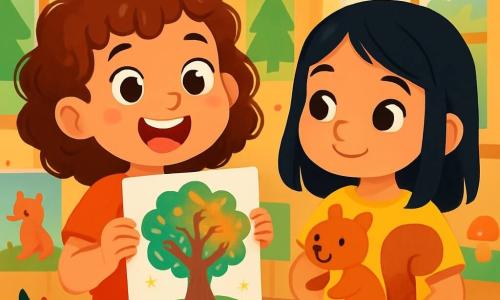 Clara, une petite fille de 6 ans aux cheveux châtains bouclés et aux yeux curieux, se tient au centre de l'image, souriante et tenant un dessin coloré d'un arbre magique. À ses côtés, Léa, également âgée de 6 ans avec des cheveux noirs lisses, admire le dessin tout en tenant une marionnette d'écureuil en carton qu'elle a fabriquée pour leur spectacle. Leur salle de classe est décorée comme une forêt magique, avec des guirlandes de feuilles et des dessins d'animaux. Clara et Léa préparent leur spectacle, entourées de décorations colorées et d'arts, partageant des idées et des rires, symbolisant l'amitié et la créativité.