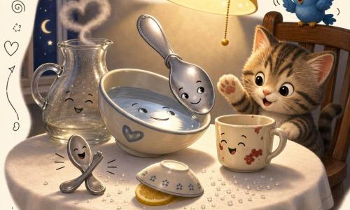 Cuillère anthropomorphe en métal brillant, yeux gravés et petit sourire, penchée au bord d’un bol d’eau qui renvoie son reflet-sourire, à côté une petite cuillère amie mate claque joyeusement sur une nappe blanche; derrière le bol une carafe en verre légèrement fumée, à droite une tasse en porcelaine crème tachetée de confiture qui rit doucement, un chaton en peluche rayé perché sur une chaise, un oiseau en plastique bleu sur le dossier, une lampe jaune projette une lumière douce sur la table parsemée de grains de sel et d’une assiette renversée cachant une rondelle de citron — ambiance nocturne cocooning, complicité et reflets argentés, la cuillère vient de déposer un petit sourire brillant sur la table.