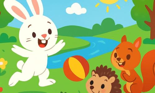Un petit lapin blanc nommé Léo, aux grandes oreilles et aux yeux pétillants, saute joyeusement dans une prairie verdoyante entourée de fleurs colorées. Il sourit largement et invite ses amis à jouer. À proximité, un hérisson brun nommé Nino, regardant le ballon avec excitation, commence à sourire en prenant confiance. Un écureuil espiègle applaudit, encourageant Nino à participer. La scène se déroule près d'une rivière scintillante, sous un ciel bleu et des arbres majestueux. Léo et ses amis jouent ensemble au ballon, célébrant la diversité et l'égalité, tandis que Nino s'avance pour frapper le ballon, montrant que chacun a sa place dans le jeu.