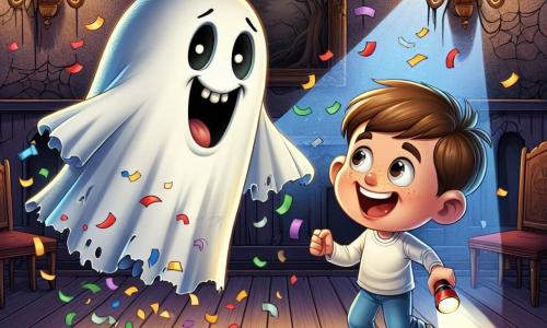 Un fantôme espiègle, flottant dans les airs avec un drap blanc troué et des yeux malicieux, rit en lançant des confettis colorés. À ses côtés, Louis, un garçon de 10 ans aux cheveux bruns en bataille, sourit en racontant une blague, émerveillé. La scène se déroule dans une pièce de la Maison Hantée, avec des murs couverts de toiles d'araignées et des chandeliers vacillants. Louis et le fantôme partagent un moment de rire, transformant la Maison Hantée en un lieu de fête joyeuse.