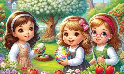 Dans un jardin ensoleillé, trois petites filles, Clara, Emma et Julie, participent à une chasse aux œufs de Pâques. Clara, 8 ans, tient un œuf en chocolat coloré, tandis qu'Emma, 7 ans, observe un buisson fleuri et Julie, 8 ans, fouille le sol avec une petite pelle. Le jardin est rempli de fleurs éclatantes et un vieux pommier se dresse en arrière-plan. Les filles rient et s'encouragent dans leur quête d'un œuf magique, entourées du chant des oiseaux.