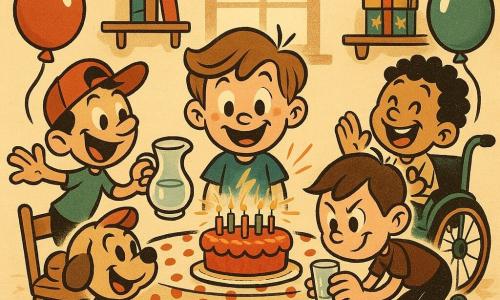 Cinq personnages : Léo, garçon de 8 ans aux mèches châtain clair en t-shirt bleu à éclair, au centre devant la table soufflant les huit bougies d’un gâteau aux fraises avec un grand sourire ; Nino, 8 ans, casquette rouge de travers et t-shirt vert, à gauche de Léo tendant une carafe, posture joyeuse ; Sam, 8 ans, cheveux courts bruns, sac à dos à étoiles posé au sol, à droite de Léo alignant un verre, concentré et malicieux ; Jules, 8 ans, cheveux noirs frisés en fauteuil roulant style course placé légèrement derrière à droite, applaudissant en riant ; Pistache, petit chien beige assis près des pieds de Léo regardant le gâteau en remuant la queue. Lieu : salle à manger cosy aux tons chauds, murs crème avec guirlande multicolore, table en bois clair couverte d’une toile cirée à pois rouges, ballons attachés aux chaises, fenêtre laissant entrer une lumière douce et un cadeau étoilé posé sur une chaise. Situation : scène festive et dynamique — Léo souffle les bougies tandis que ses amis s’activent autour (carafe, verres, applaudissements) dans une composition aux lignes fluides et couleurs saturées, ambiance chaleureuse et conviviale.