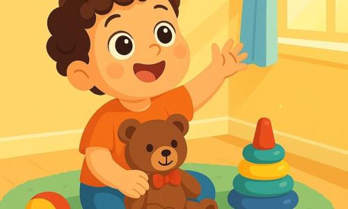 Léo, un petit garçon de 2 ans aux grands yeux ronds et aux cheveux bouclés, sourit avec émerveillement en tenant son nounours en peluche dans ses bras. Son visage rayonne de joie et de curiosité. À côté de lui, son nounours brun avec un nœud rouge semble l'écouter attentivement. La scène se déroule dans une chambre lumineuse aux murs jaunes pastel, où la lumière dorée du soleil entre par une grande fenêtre, projetant des ombres douces. Des jouets colorés sont éparpillés autour d'eux. Léo, rêveur, tend la main vers la lumière dansante sur le mur, riant joyeusement face à ce spectacle magique.