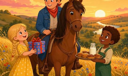 Un cow-boy souriant au visage rond et taches de rousseur, chapeau de feutre marron et veste en jean bleue, assis sur son cheval brun Choco, crinière soyeuse, saluant des amis au sommet d'une colline ; à sa gauche une fille d'environ 7 ans aux tresses blondes en robe jaune à pois blancs tenant un cadeau, à sa droite un garçon d'environ 8 ans aux cheveux bruns en salopette verte portant un plateau de gâteaux et du lait ; décor : colline herbeuse dorée au coucher du soleil avec quelques fleurs sauvages, ciel orangé et collines lointaines ; scène : goûter joyeux et paisible, rires et échanges de cadeaux, style vectoriel simple et couleurs vives adapté aux jeunes enfants.