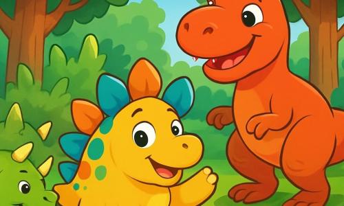 Un jeune stégosaure nommé Petit-épi, avec un dos coloré de vert, bleu et orange, sourit joyeusement. Il est au centre, levant une patte avant, prêt à explorer. À ses côtés, un tyrannosaure nommé Roro, musclé et souriant, regarde Petit-épi avec excitation. Un tricératops nommé Tico, avec des cornes imposantes et une peau verte, cueille des baies en arrière-plan. Une forêt dense et verdoyante avec des arbres géants et des fleurs colorées se déploie sous un ciel bleu éclatant. La scène évoque l'aventure et la camaraderie entre les dinosaures.