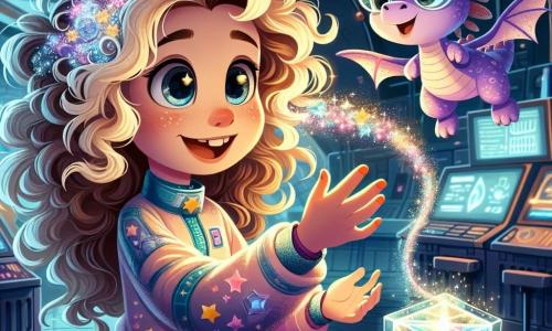 Au centre de l'image, Lila, une fille de 12 ans, sourit émerveillée. Elle a de longs cheveux bouclés dorés et porte une combinaison spatiale colorée avec des motifs étoilés. Ses yeux brillent de curiosité alors qu'elle tend la main vers un cube flottant émettant de la lumière magique. À sa droite, un petit dragon violet nommé Ziggy, portant des lunettes de soleil, la regarde amicalement. En arrière-plan, un laboratoire futuriste de la Station Étoilée se déploie avec des murs en métal scintillant et des plantes luminescentes. Lila découvre le Cube des Possibilités, illuminant son visage d'émerveillement, tandis que Ziggy l'encourage à plonger dans une nouvelle aventure pleine de magie et de découvertes.