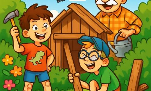 Il y a trois personnages : Théo, un garçon de 9 ans aux cheveux bruns en bataille, vêtu d'un t-shirt rouge avec un dinosaure et un short bleu, brandissant un marteau près d'une cabane ; Maxime, également âgé de 9 ans, avec des cheveux blonds et une casquette bleue, accroupi et riant en essayant de dégager une planche coincée dans la haie, portant des lunettes rondes et un t-shirt vert ; et M. Dubonbon, un homme âgé à la moustache blanche et au chapeau de jardinier, riant avec un arrosoir, observant les garçons. Le lieu est un jardin ensoleillé avec des fleurs colorées et une vieille cabane en bois entourée d'une haie épaisse. Théo et Maxime sont en pleine construction de leur cabane, entourés de rires et de désordre, tandis que M. Dubonbon les regarde avec amusement.