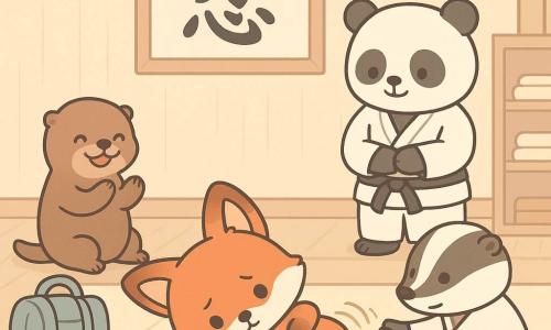 Un jeune renardeau roux au pelage dense et taches blanches, anxieux mais concentré avec un petit sourire, fait une roulade sur un grand tatami crème; Lila la loutre brune, assise à côté, rit et applaudit avec un sac de sport à ses pieds; Maître Bao, grand panda à la ceinture noire, se tient en arrière-plan, mains croisées, regard bienveillant; Basile le blaireau, accroupi près du renardeau, tend la main pour aider; le dojo lumineux aux murs de bois clair affiche une calligraphie "Patience" au-dessus de la porte, lampes chaudes et quelques kimonos pliés; scène chaleureuse et dynamique d'apprentissage, encouragements visibles, couleurs pastel et contours simples.