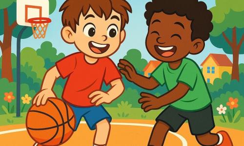 Un garçon de 10 ans, Tommy, avec des cheveux bruns en bataille et des yeux curieux, sourit en dribblant un ballon de basket sur un terrain de jeu. Il porte un t-shirt rouge et un short bleu. À côté de lui, Malik, un garçon de 11 ans à la peau foncée et aux cheveux crépus, rit en essayant de prendre le ballon, vêtu d'un t-shirt vert et d'un short noir. Le terrain de basket est en plein air, entouré d'arbres et de fleurs, avec un ciel bleu clair. Tommy et Malik jouent ensemble, illustrant leur amitié naissante dans une atmosphère joyeuse et pleine de camaraderie.