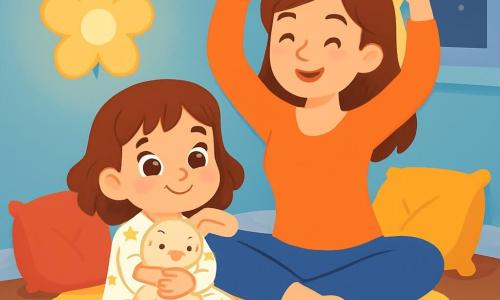 Lina, une petite fille de 4 ans aux grands yeux brillants et au sourire doux, est assise sur un tapis moelleux entourée de coussins colorés. Elle porte un pyjama blanc à étoiles jaunes et serre son doudou lapin avec une expression paisible. À côté d'elle, sa maman, une femme d'une trentaine d'années aux cheveux châtains, est assise en tailleur et guide Lina dans une posture de yoga, créant une atmosphère sereine. La chambre est douce et accueillante, avec des murs bleu pastel, une veilleuse en forme de fleur et des rideaux légers. Lina et sa maman pratiquent le yoga du soir, respirant calmement et créant un moment de connexion avant de s'endormir.