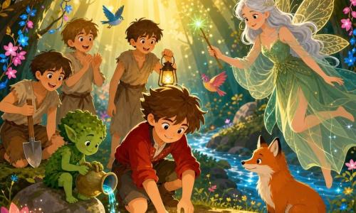 Le Petit Poucet souriant et déterminé, cheveux bruns en bataille, veste rouge et pantalons courts, plante une petite graine brillante dans la terre ; la Fée des Bois flottant près de lui en robe verte translucide, cheveux argentés et ailes dorées, tient une baguette étincelante et regarde la graine avec bienveillance ; trois frères en draps usés (8–12 ans) l’aident et encouragent, un lutin mousse verse de l’eau lumineuse, un renard curieux, une chouette blanche et des oiseaux colorés entourent la scène ; en arrière-plan, une forêt magique aux feuilles d’or et d’argent, lianes florales, fleurs lumineuses et un ruisseau scintillant ; ambiance solennelle et joyeuse, lumière dorée, composition centrée sur la graine et les mains, palette chaude et formes simples pour un rendu flat design enfantin.