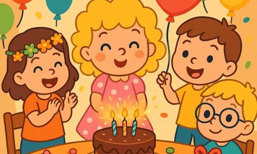 Lila, une petite fille de 4 ans aux cheveux bouclés et dorés, porte une robe rose à pois blancs. Elle souffle sur les bougies d'un gâteau au chocolat, entourée d'Elsa, qui applaudit, de Tom, tenant un ballon en forme de cœur, et de Lucas, assis avec un cadeau coloré. La fête se déroule dans une salle décorée de ballons et de guirlandes, avec une table pleine de gâteaux et de bonbons. Tous chantent "Joyeux anniversaire".