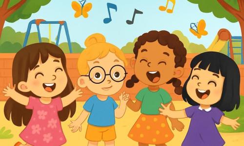 Quatre enfants jouent dans une cour d'école ensoleillée : Lila, 7 ans, danse joyeusement en robe rose ; Zoé, également 7 ans, sourit en tenant la main de Lila, malgré sa nervosité ; Emma, 7 ans, chante en faisant des grimaces, vêtue d'une jupe à pois ; et Sofia, 7 ans, danse avec enthousiasme en robe violette. Elles sont entourées d'arbres, de jeux et de fleurs colorées. Les enfants chantent et dansent ensemble, exprimant leur joie, tandis que des papillons volent autour d'eux, créant une atmosphère magique.