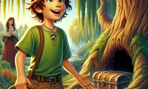 Léo, un garçon de 12 ans aux cheveux châtains en bataille et aux yeux curieux, se tient devant un tronc d'arbre creux dans une clairière enchantée. Il porte un t-shirt vert pomme et un pantalon cargo, souriant d'excitation en découvrant un coffre mystérieux. Sa mère, dans la trentaine avec des cheveux longs et ondulés, l'observe avec bienveillance près d'un grand chêne. La clairière est magique, entourée de saules pleureurs et parsemée de fleurs colorées, illuminée par le soleil couchant. Léo ouvre le coffre en bois, révélant des lettres anciennes et des trésors oubliés, tandis qu'une brise douce fait danser les feuilles, créant une atmosphère de mystère et d'aventure.